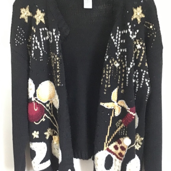 Vintage Y2K Paul Harris Design Black Sweater Cardigan Happy New Year 2000 Size L - Picture 5 of 8